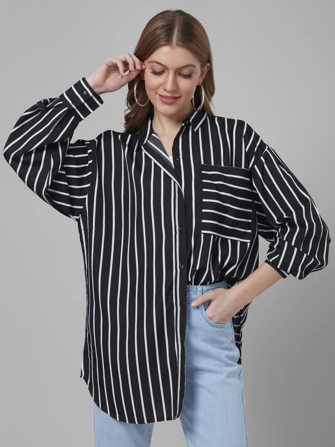 Style Quotient Women Black and White Stripe Printed Poly Crepe Oversized Casual Shirt