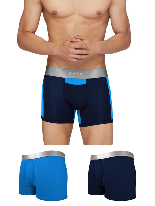 XYXX Mens Underwear Illuminati IntelliSoft Antimicrobial Micro Modal Trunk Pack of 3 (Black Iris & Brilliant Blue ; Brilliant B