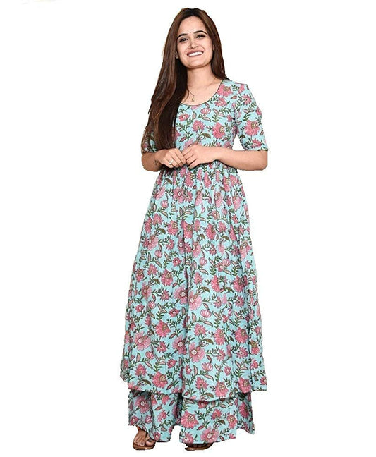 Gosriki Women Sea Green & Maroon Floral Printed Kurta With Palazzos