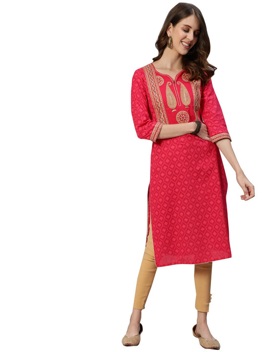 ishin Women's Cotton Blend Green Embroidered Anarkali Kurta