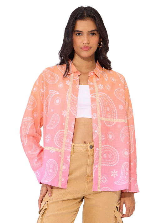 The Souled Store Mellow Paisley Women and Girls Long Sleeve Collared Neck Button Down Boyfriend Shirts Womens Boyfriend Shirts C