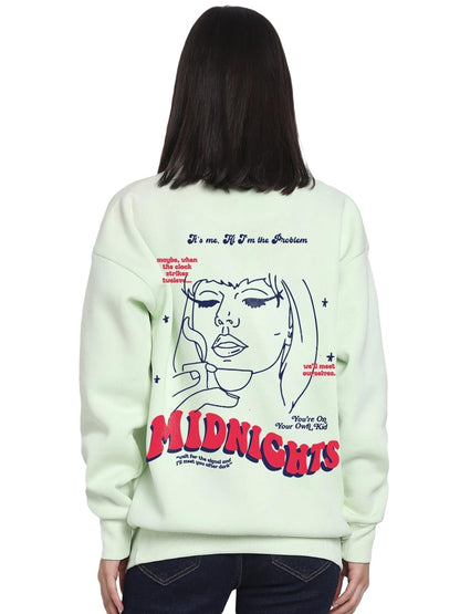 Bewakoof WomenS Graphic Printed Oversized Fit Full Sleeve Round Neck Fleece Sweatshirt_626024_Green_L