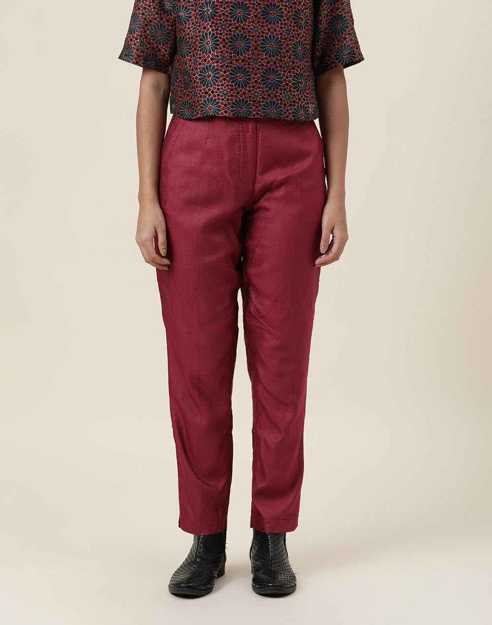Fabindia Maroon Viscose Silk Slim Fit Formal Kosi Pant