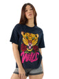 The Souled Store Wild Women and Girls Short Sleeves Round Neck Applique Patch Cotton Oversized T-Shirts Blue