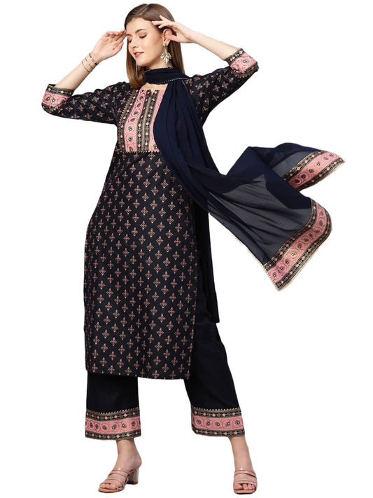 GoSriKi Women's Cotton Blend Straight Printed Kurta with Pant & Dupatta (Sitara-GO)