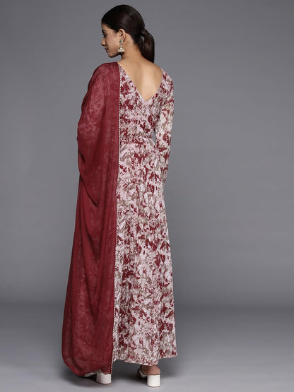 Varanga Maroon Abstract Printed V-Neck Embellished with Triangular Lace, Long Sleeves Embellished with Gota Lace Anarkali Kurta Paired with Tonal Dupatta