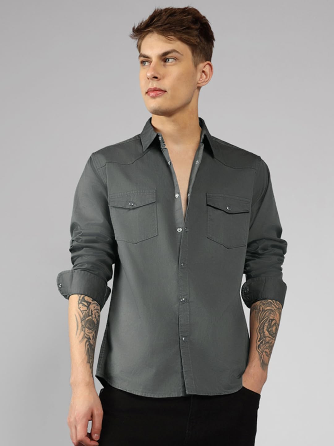 Dennis Lingo MenS| Grey| Full Sleeve| Spread Collar| Solid| Regular Fit| Casual Shirt