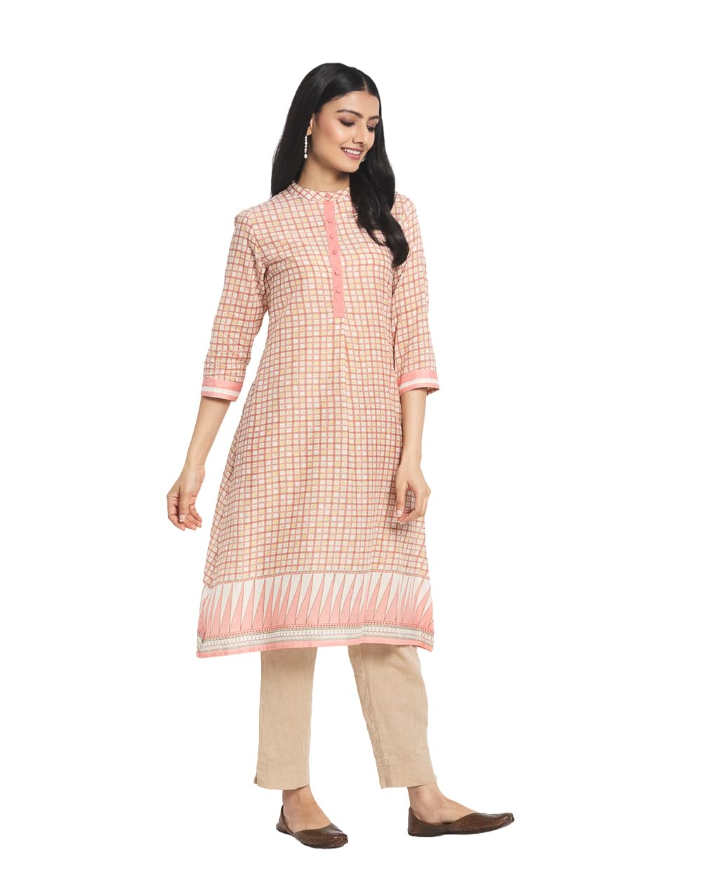 Fabindia Cotton Printed Knee Length Kurta (in, Alpha, S, Coral)
