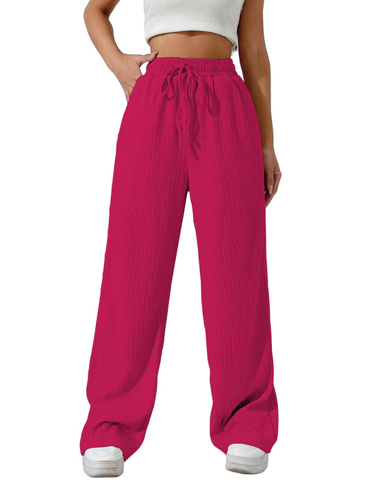 Sugathari Womens Hot Pink Loose Wide-Leg Pants with Textured Wrinkled Fabric and Drawstring Waist Long Trousers (Trouser 157 Ho