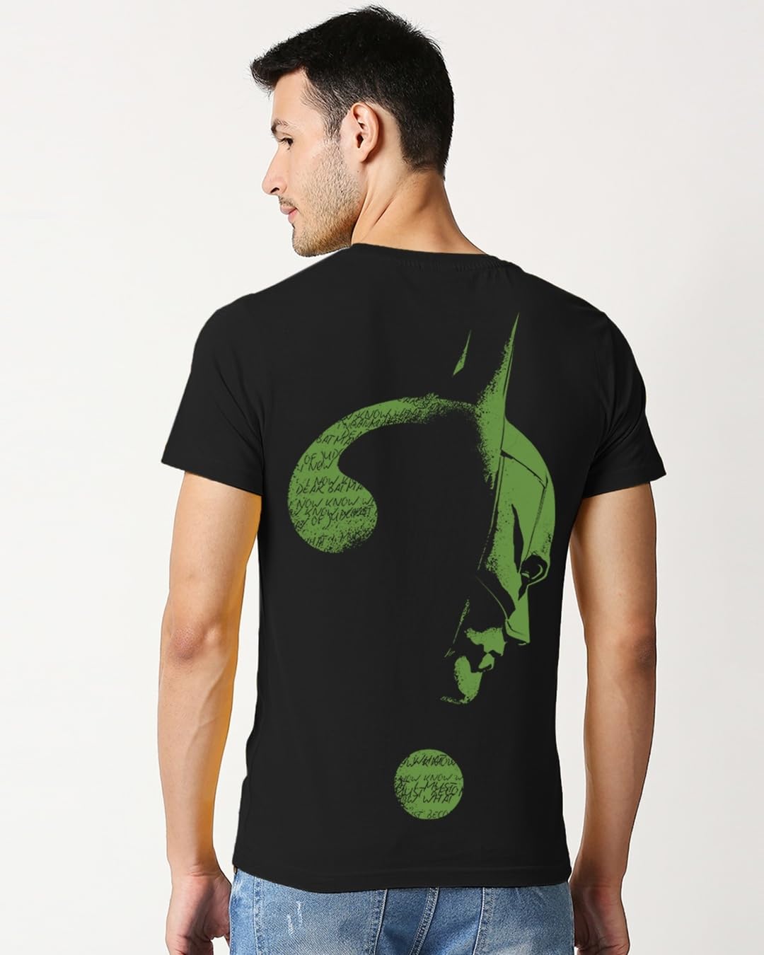 Bewakoof Mens Official DC Comics Merchandise Batman Riddle Graphic Black Round Neck Half Sleeve T-Shirt