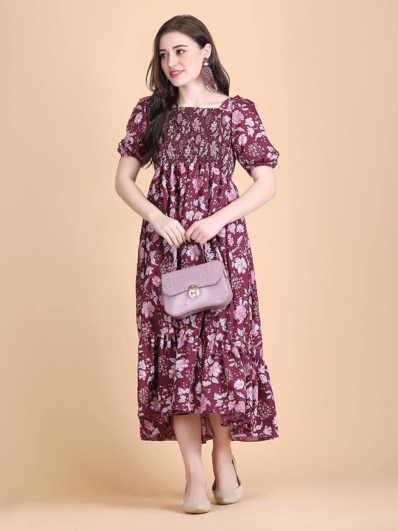 Kuduzo WomenS Crepe Midi Dress With Half Puff Sleeves Square Neck Line Floral Pattern Calf Length Regular Fit And Flare Purple