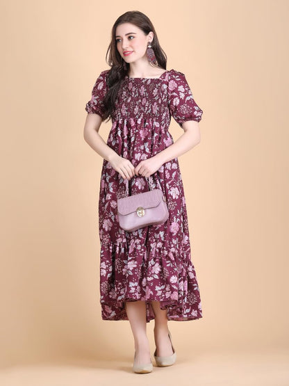 Kuduzo WomenS Crepe Midi Dress With Half Puff Sleeves Square Neck Line Floral Pattern Calf Length Regular Fit And Flare Purple