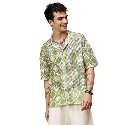 Campus Sutra Mens Grass Green & Pale Yellow Geometric Block Oversized Shirt for Casual Wear | Spread Collar | Short Sleeve | Bu