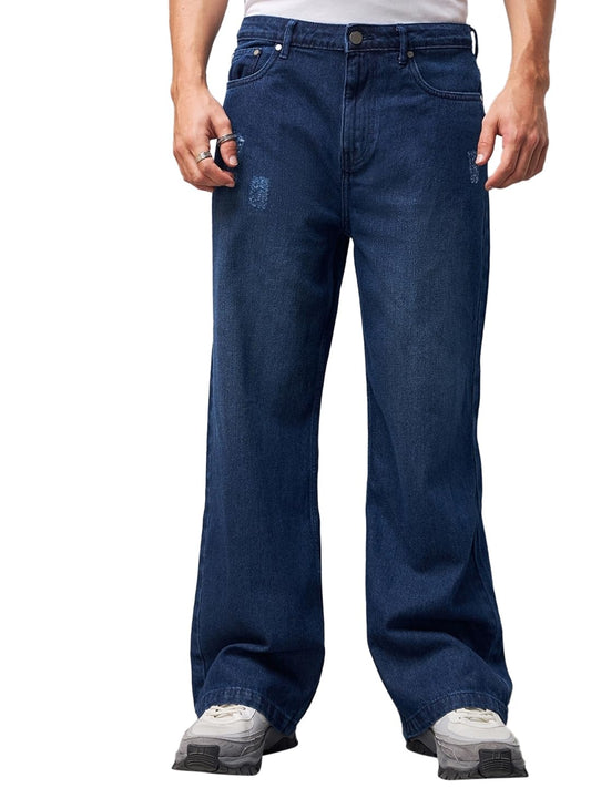 Bewakoof Mens Solid Wide Leg Cotton Baggy High Rise Jeans_624688_Blue_30