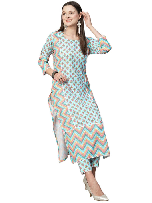 ANNI DESIGNER Women's Cotton Blend Printed Straight Kurta with Pant (RCB-See-Green-NW)