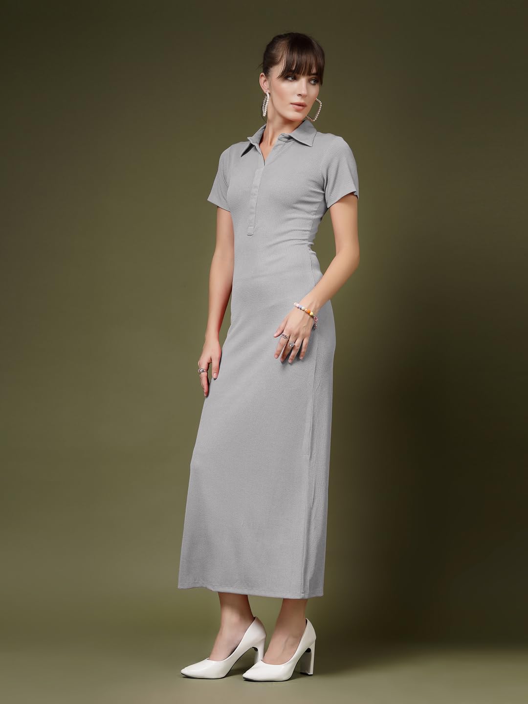 Oomph! WomenS Western & Fusion Wear Stretchable Ribbed Lycra Shirt Dress For Women, Bodycon, Grey - Md1118