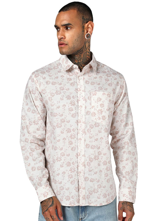 Bewakoof MenS Full Sleeve Regular Fit Off White & Peach All Over Printed Cotton Linen Shirt With Collar, M