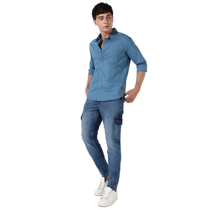 Campus Sutra Mens Blue Medium-Wash Cargo Denim Jeans | Stretchable Cotton Mid-Rise Denim Jeans Crafted with Comfort Fit and Hig