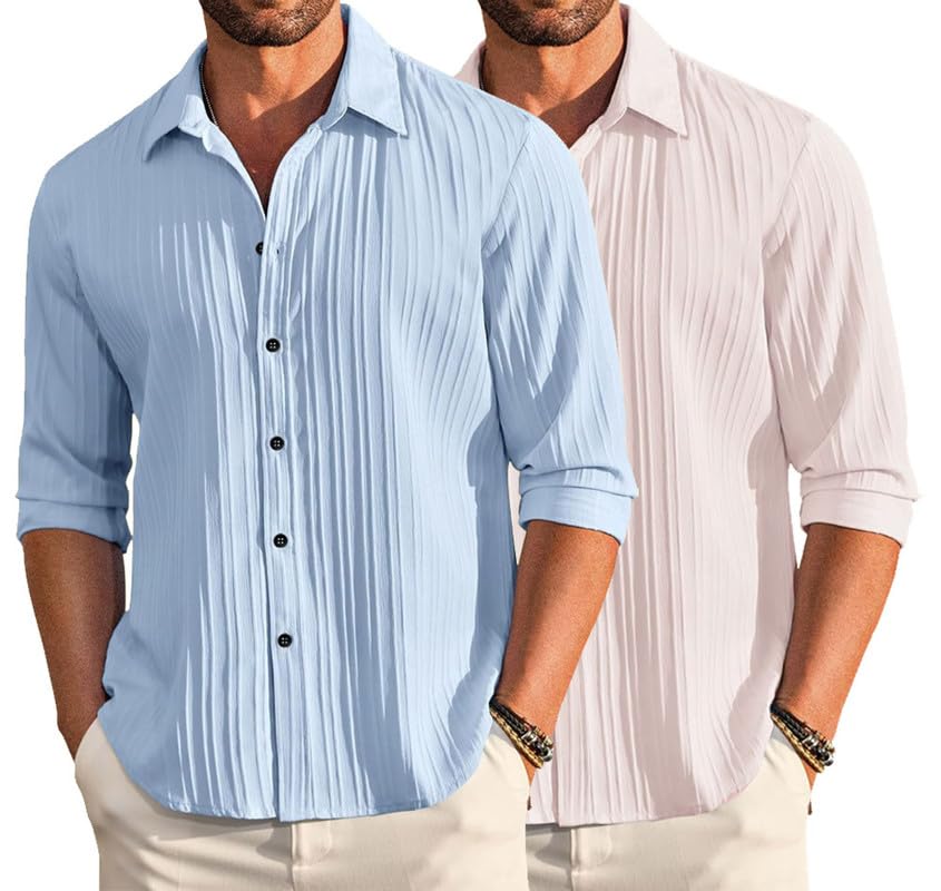 Deelmo Combo Of MenS Casual Button Down Shirts Long Sleeve Linen Shirt Fashion Textured Summer Shirts Pack Of 2