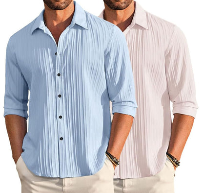 Deelmo Combo Of MenS Casual Button Down Shirts Long Sleeve Linen Shirt Fashion Textured Summer Shirts Pack Of 2