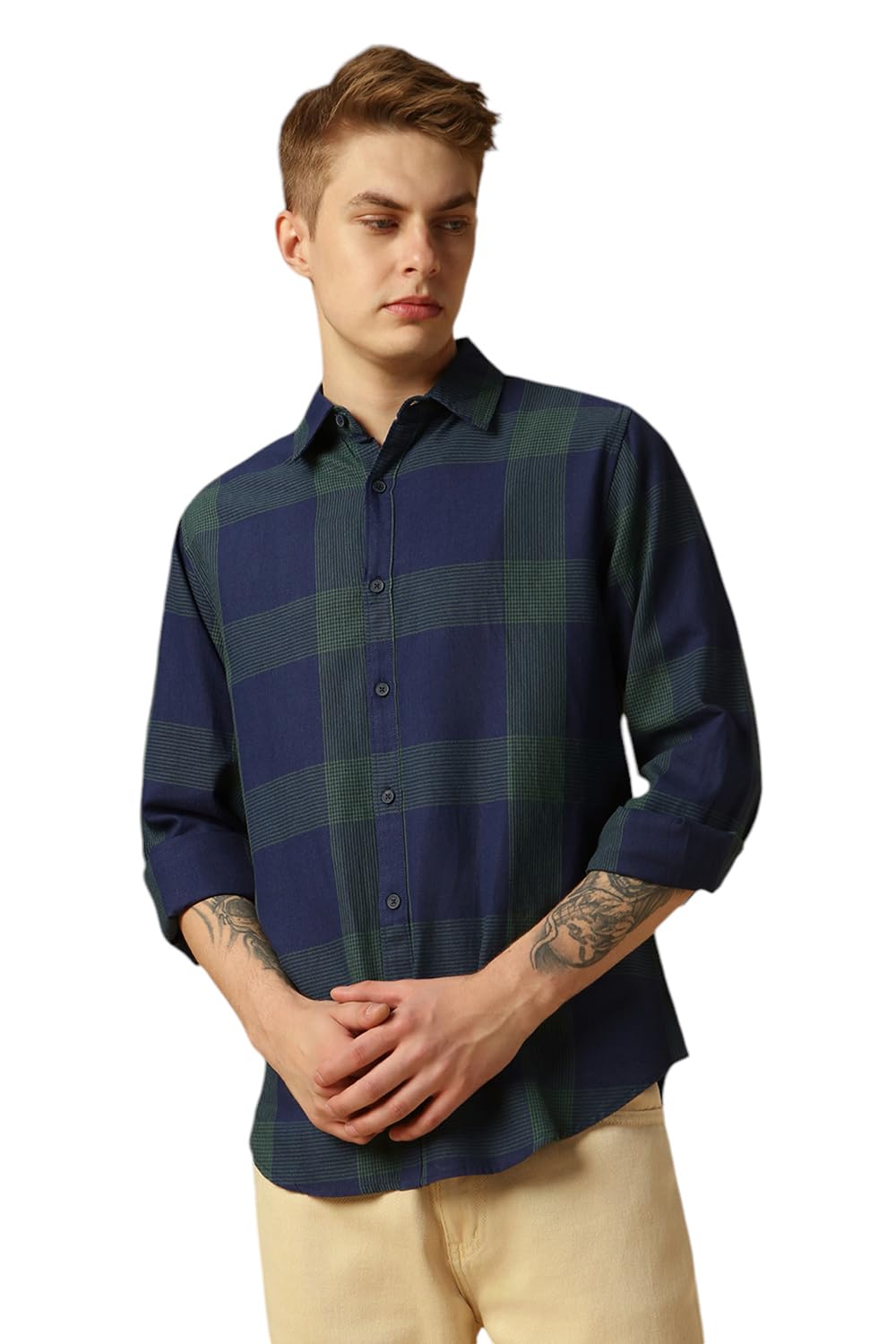Dennis Lingo Men Navy Blue Checks Regular Fit Full Sleeve Spread Collar Shirts