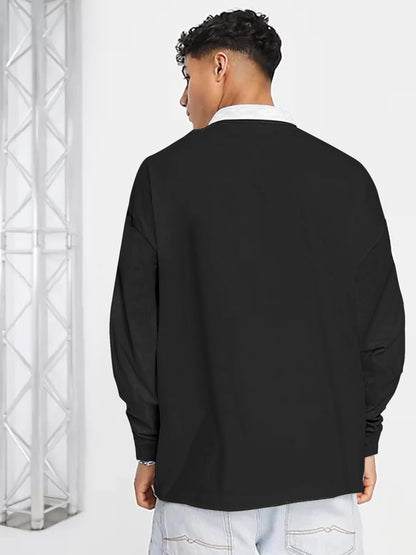 Noble Monk Mens Polo Neck Oversized Full Sleeve T-Shirt Black White