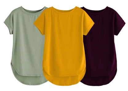 Fabricorn Combo Of Three Plain Mustard Yellow, Sage Green And Wine Round Neck Up And Down Cotton Tshirt For Women (Mustard Yello