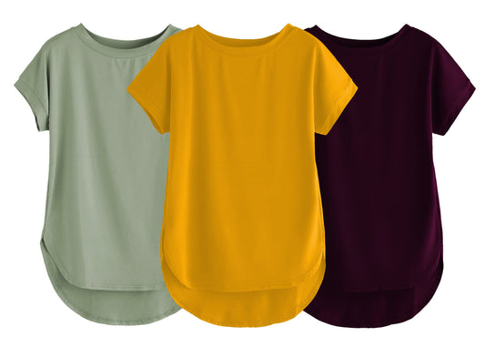 Fabricorn Combo Of Three Plain Mustard Yellow, Sage Green And Wine Round Neck Up And Down Cotton Tshirt For Women (Mustard Yello