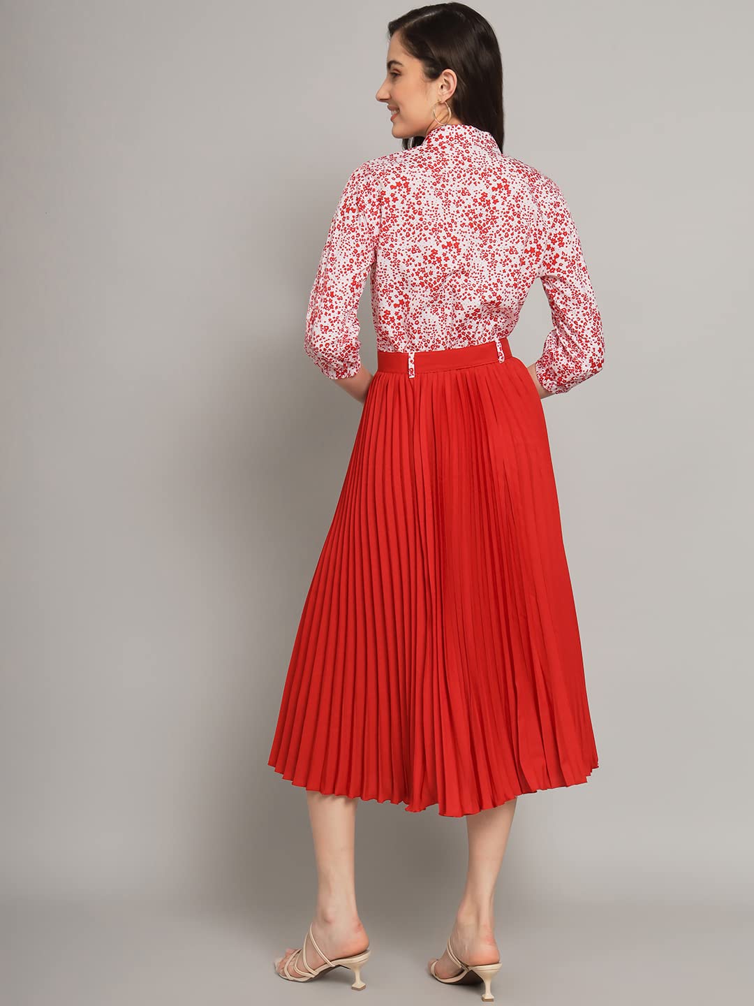 Kzully | Elegant A-Line Dress: Collared V-Neck Top, Pleated Skirt With Elastic Waist, Includes Belt