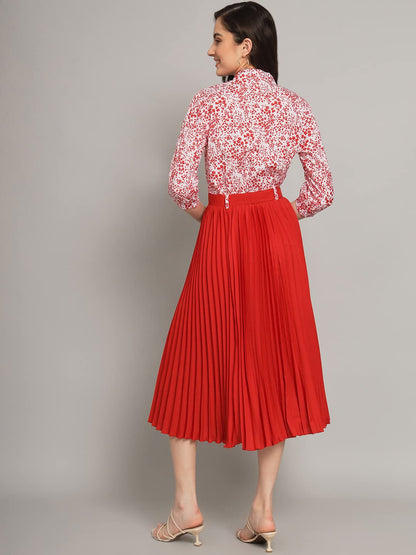 Kzully | Elegant A-Line Dress: Collared V-Neck Top, Pleated Skirt With Elastic Waist, Includes Belt