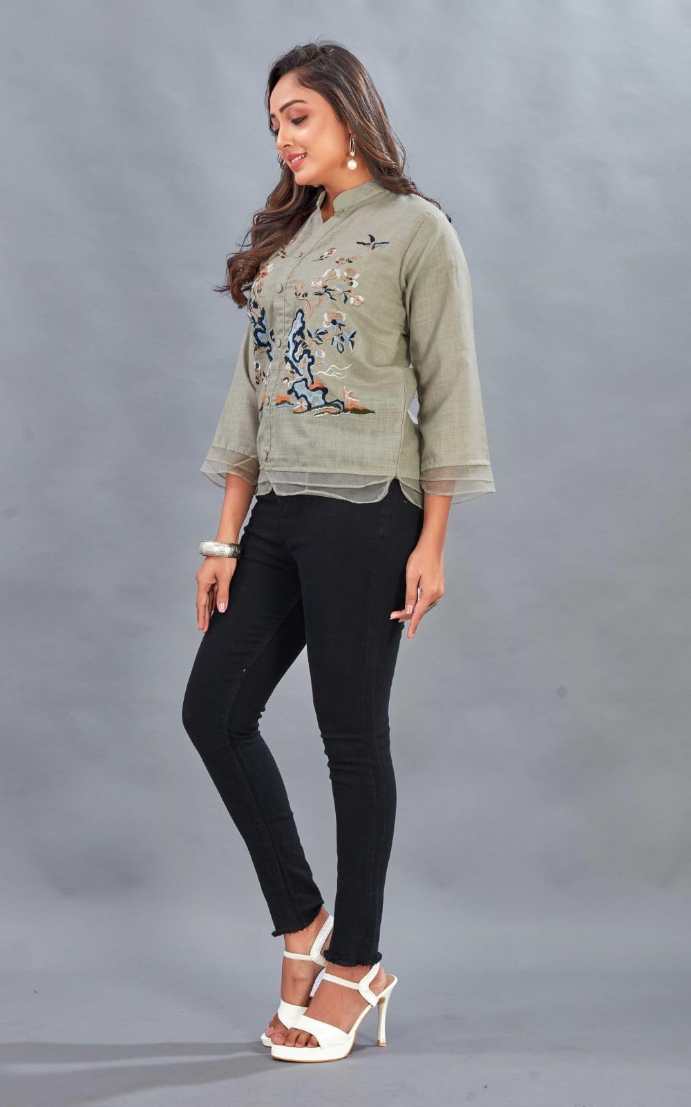 Kesudi WomenS Embroidered Button-Down Shirt For WomenS | Casual Wear Floral Design Tunic Shirt | 3/4 Sleeve Mandarin Collar Sh