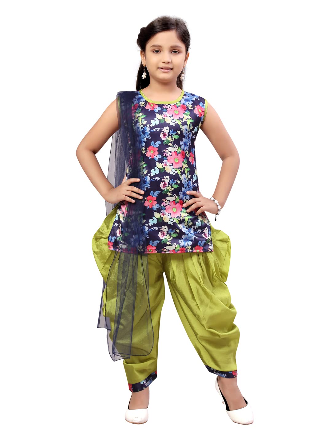 Aarika GirlS Silk Kurti Patiala Set (Pt-22153_Navy Blue-Green_28)