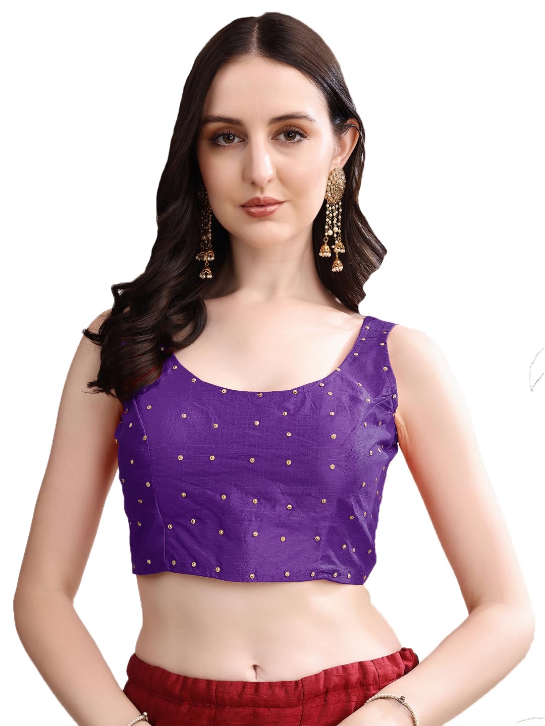 Pujia Mills Womens Square Neck Silk Sleeveless with Stone Work Readymade Blouse