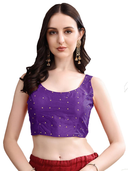 Pujia Mills Womens Square Neck Silk Sleeveless with Stone Work Readymade Blouse