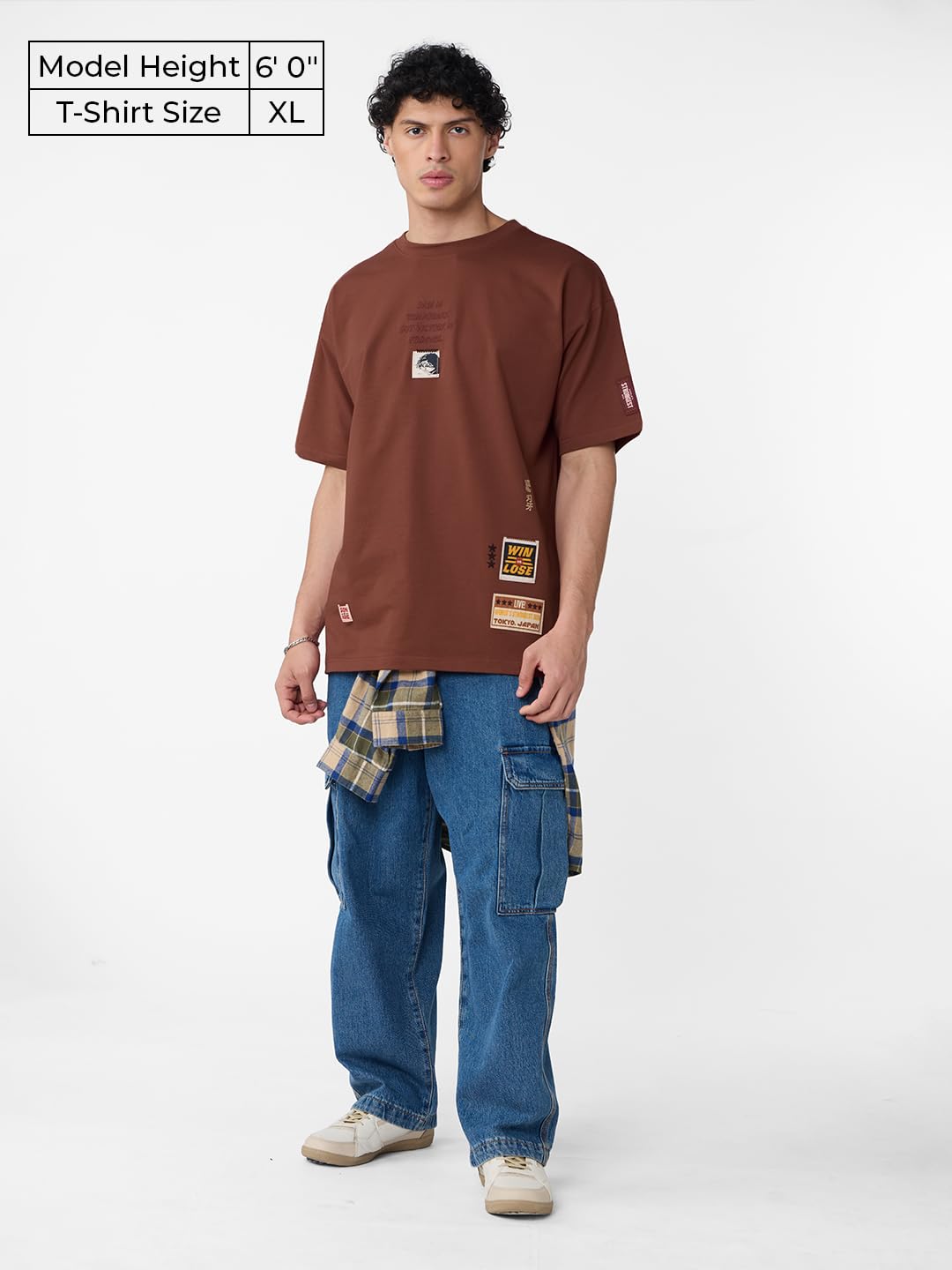 The Souled Store Baki Hanma: Badges Men and Boys Short Sleeves Round Neck Brown Embellished Cotton Oversized T-Shirts