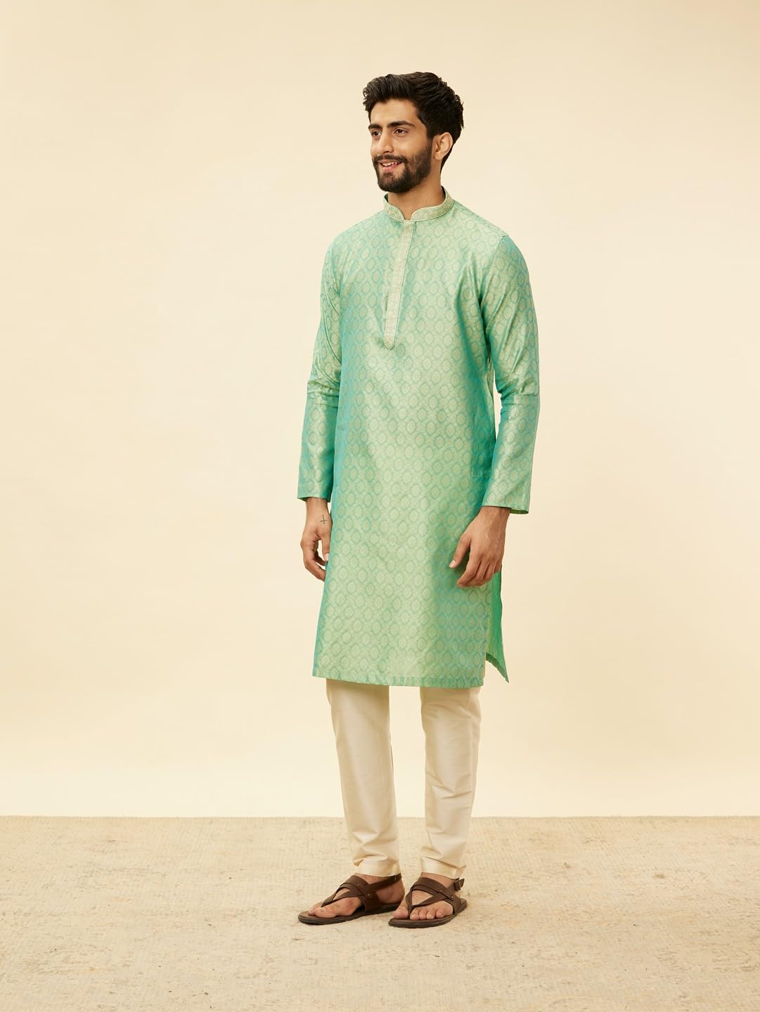 Manyavar Mens Green Art Silk Self Design Kurta Pyjama Set