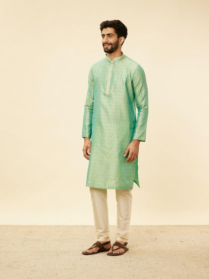 Manyavar Mens Green Art Silk Self Design Kurta Pyjama Set