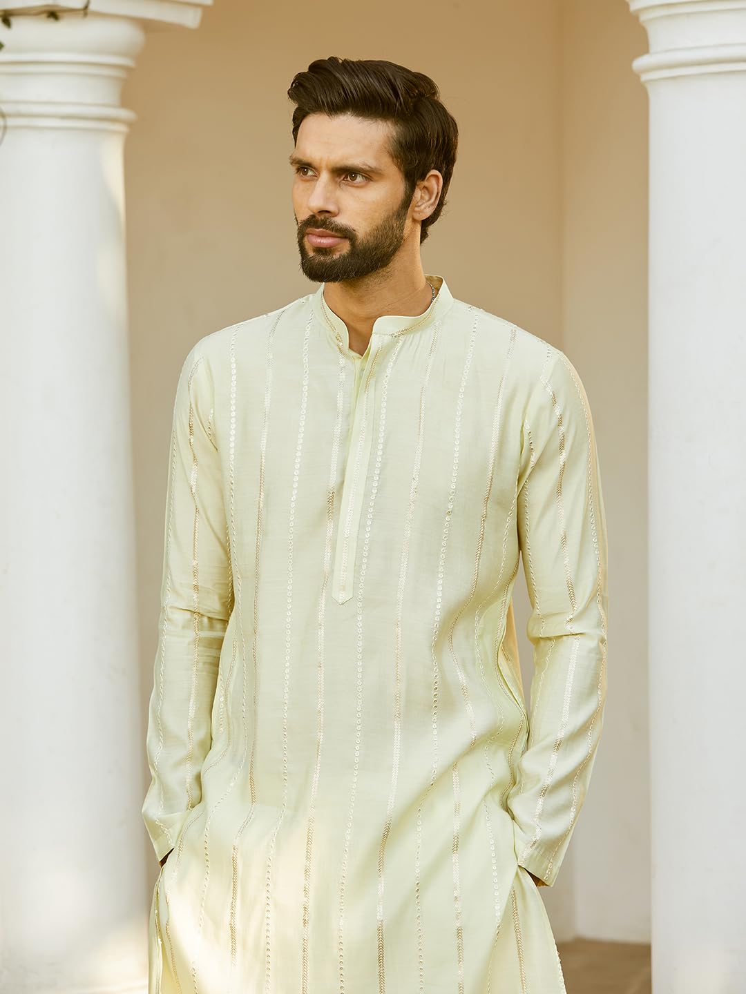 See Designs Men Full Sleeve Off White And Gold Chanderi Silk Sequins Mandarin Collar Side Slit Kurta With Pyjama - Sd2Kt_243601X