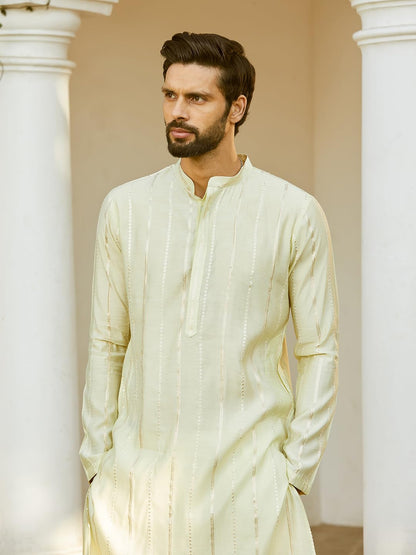 See Designs Men Full Sleeve Off White And Gold Chanderi Silk Sequins Mandarin Collar Side Slit Kurta With Pyjama - Sd2Kt_243601X