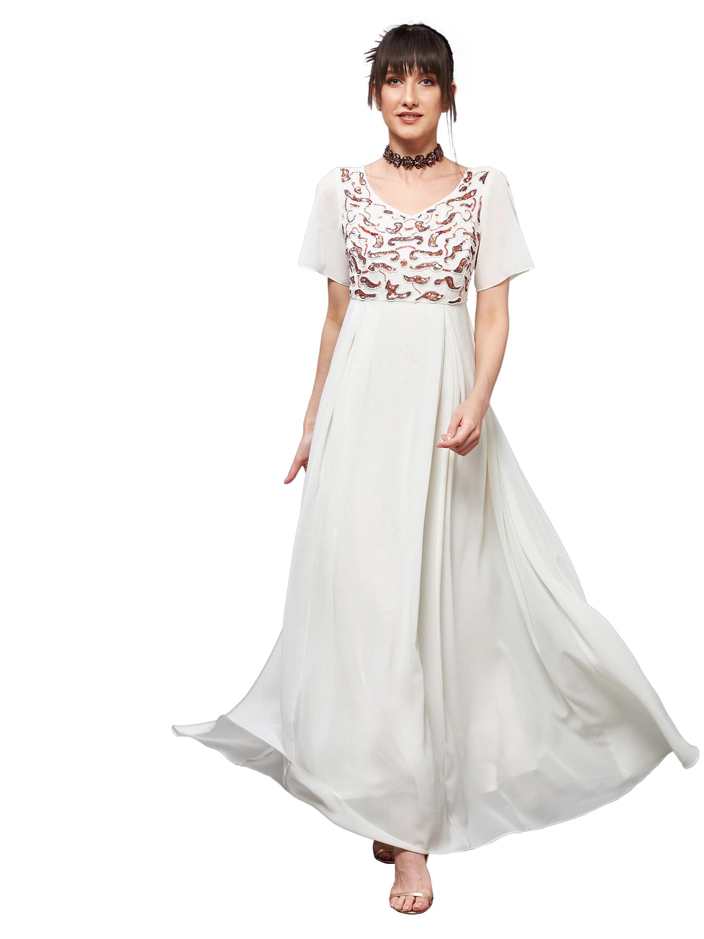 Miss Chase WomenS Off White V-Neck Short Slit Sleeve Embroidered Georgette Maxi Dress (Mcss22D06-49-114-03, Off White, S)