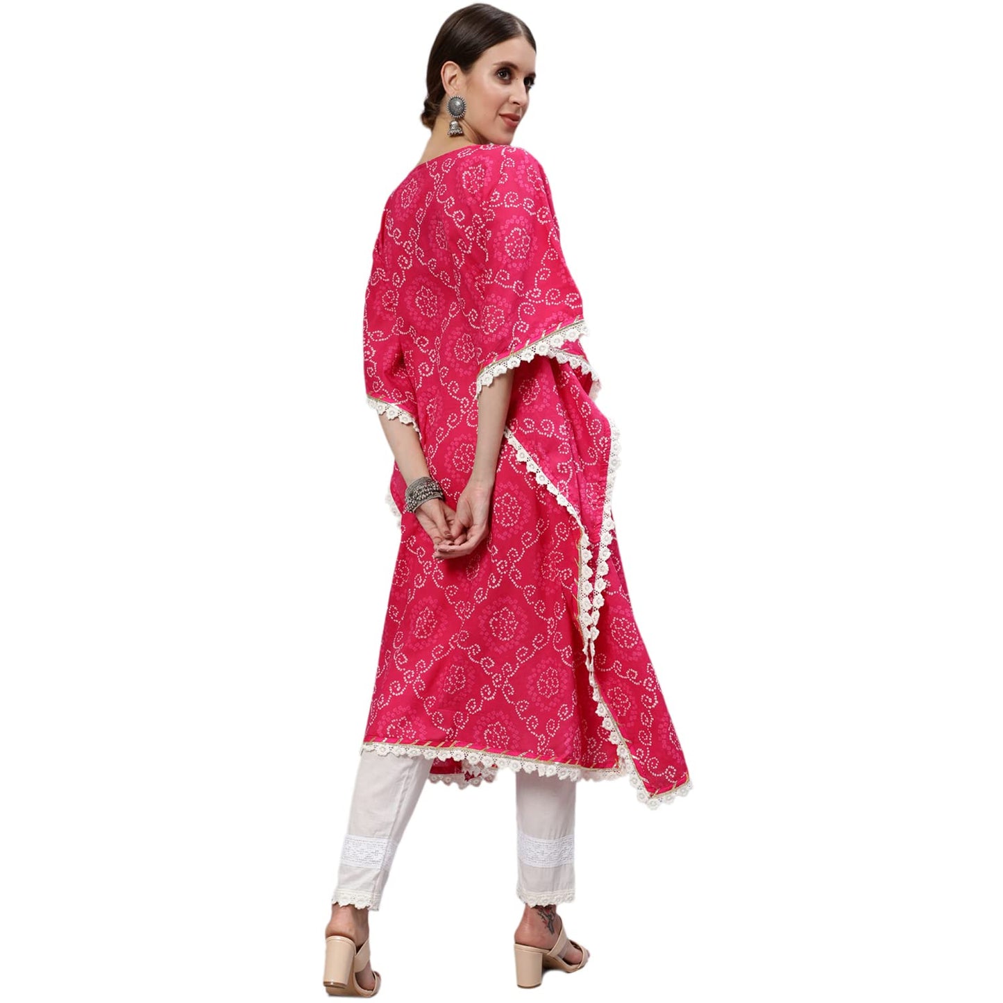 ishin Women's Cotton Blend Kaftan Embroidered Gotta Patti Bandhani print Pink Kurta suit set with Trouser