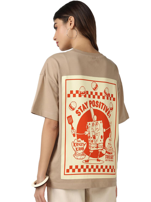 Bewakoof Official Spongebob Merchandise WomenS Graphic Print Oversized Fit Half Sleeve Round Neck Cotton T-Shirt_677563_Brown_2