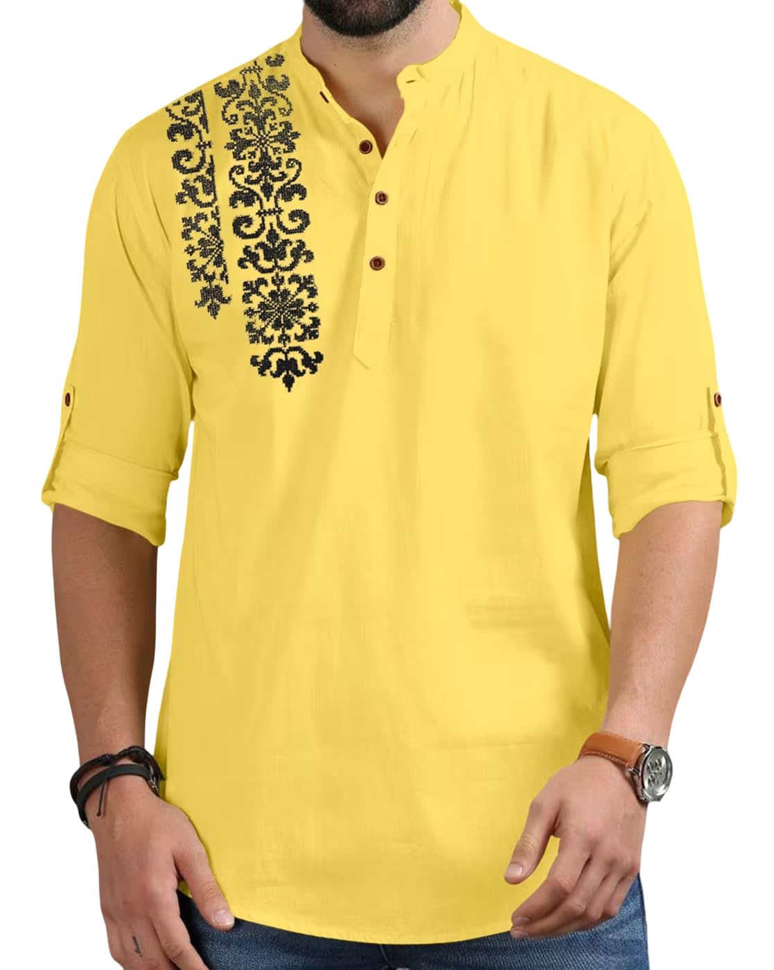Finivo Fashion MenS Regular Fit Cotton Blend Kurta Shirt | Full Sleeve Ethnic Shirt With Mandarin Collar And Button Placket | C