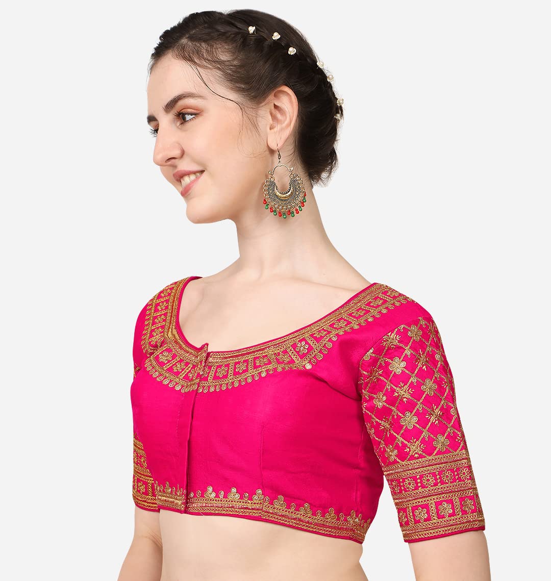 Pujia Mills WomenS Silk Embroidery Sequin Stone Work Readymade Saree Blouse