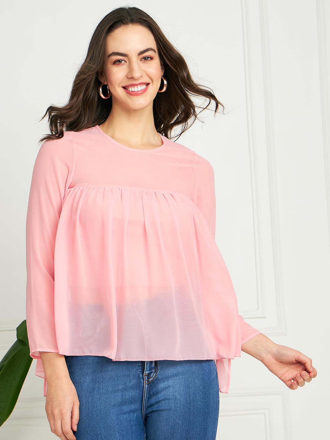 Modeve Women Swing Sleeves Pink Top For Summer