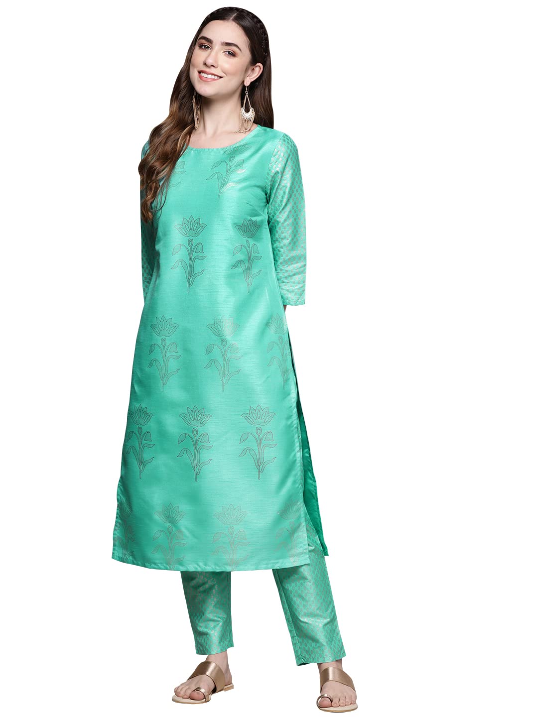 ZIYAA Women's Sea Green Poly Silk Straight Kurta and Pant Set(ZIKUPS2068ANDPA-Sea Green)