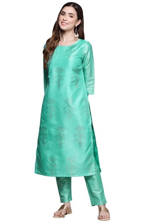 ZIYAA Women's Sea Green Poly Silk Straight Kurta and Pant Set(ZIKUPS2068ANDPA-Sea Green)