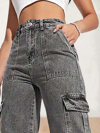 Kotty WomenS Solid High Rise Relaxed Fit Cargo Jeans Ash Gray