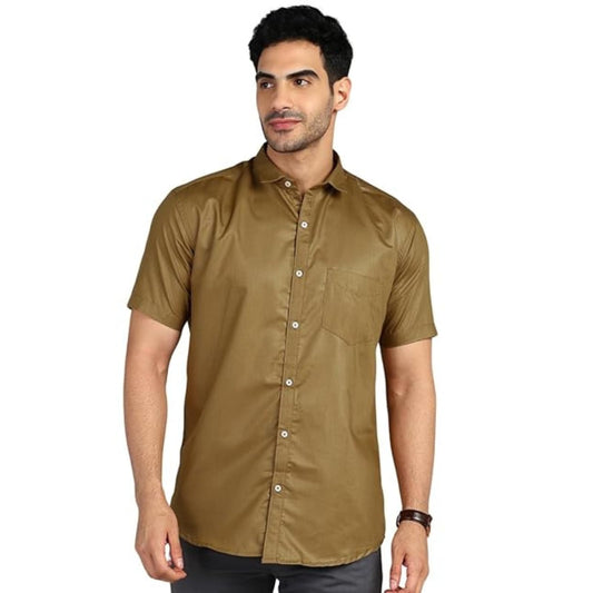Mildin MenS Regular Cotton Blend Brown Slim Fit Solid Button Down Spread Collar Half Sleeve Curved Hemline Formal Shirt With On