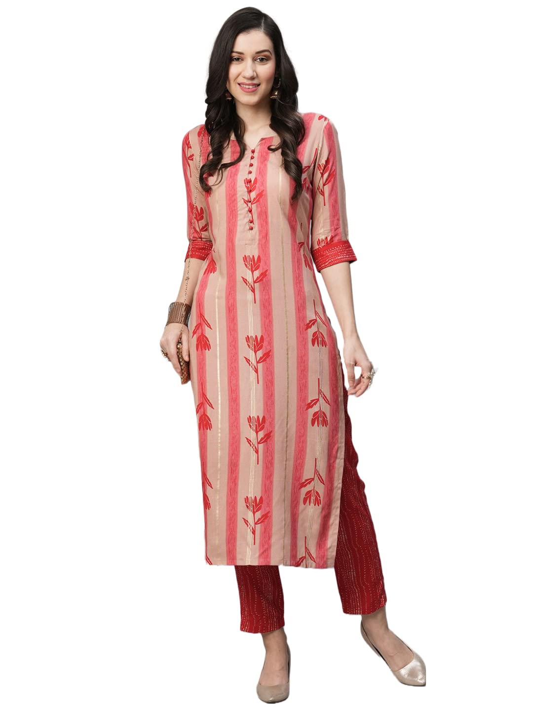 GoSriKi Women's Cotton Blend Straight Printed Kurta with Pant (Dania-Nw-GS)